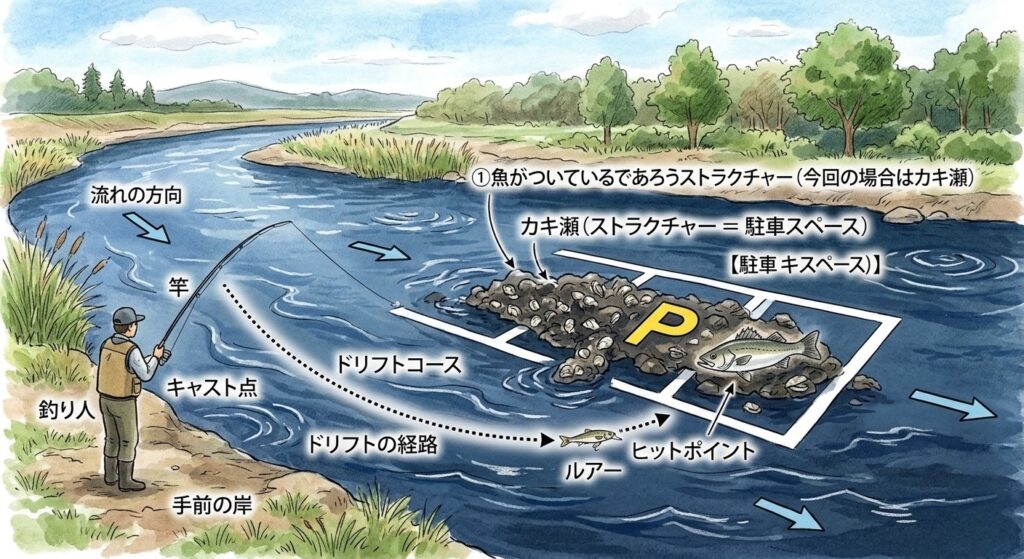 厳寒期のシーバス攻略 ルアーのドリフト説明画像1